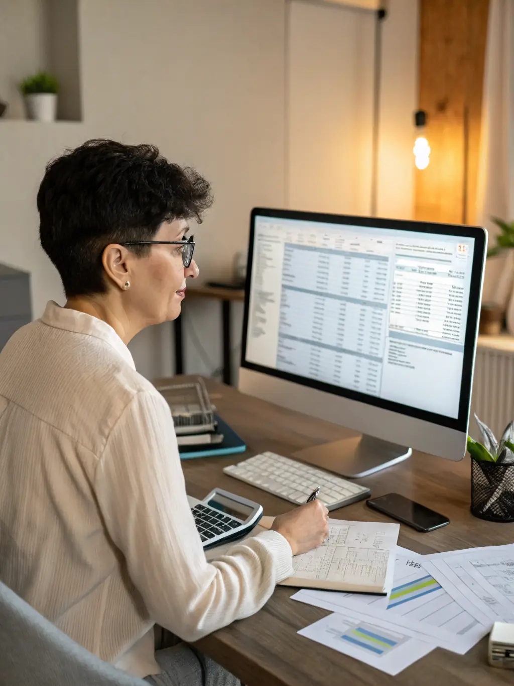 A person sitting at a desk reviewing financial documents with a calculator and a cup of tea, representing budgeting services in a UK context.