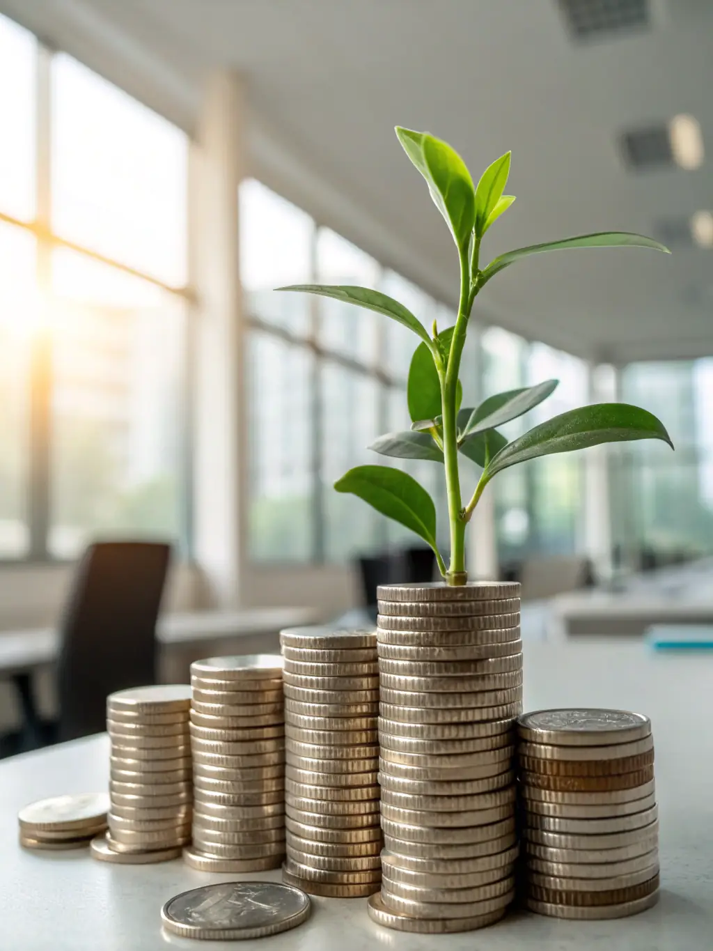 A stack of coins growing into a plant with the UK flag subtly incorporated, symbolizing savings plans and investment growth.
