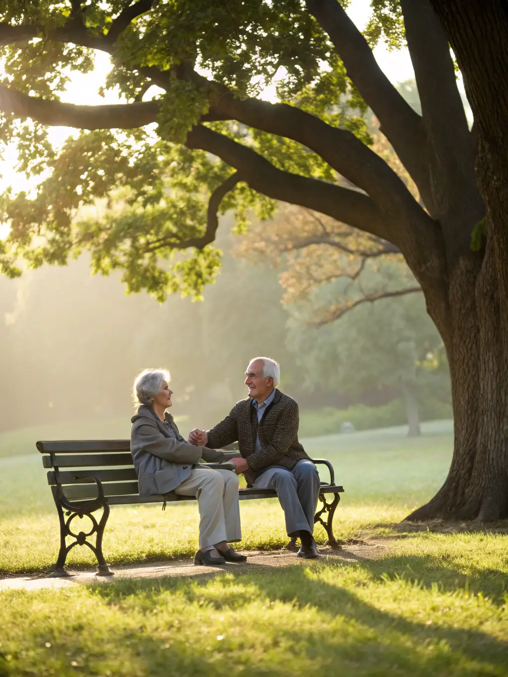 A senior couple smiling and relaxed, with a subtle background of a UK countryside scene, representing retirement planning.